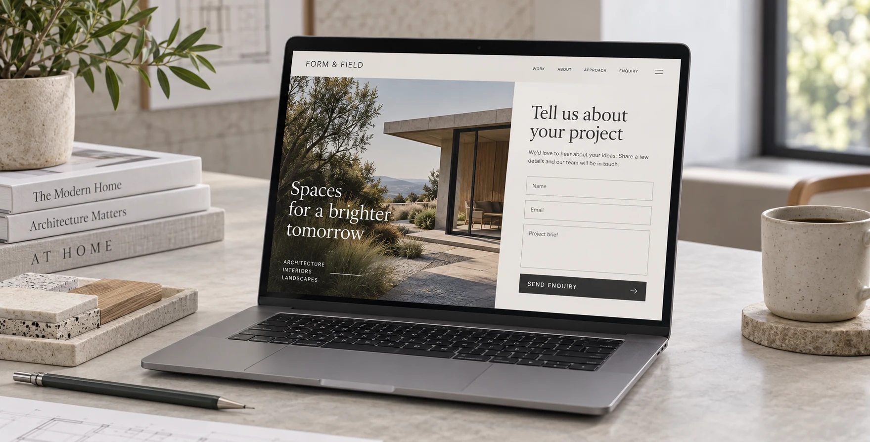 Wide close-up photograph of a small laptop on a pale studio meeting table displaying a beautifully designed enquiry page for fictional architectural practice FORM & FIELD