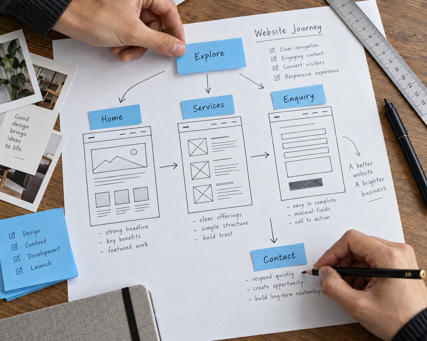 Close overhead process photograph of two collaborators organizing a physical website user journey on white paper: a hand at the upper left arranges a card labeled Explore, a second hand at the lower right writes a pencil annotation beside Contact