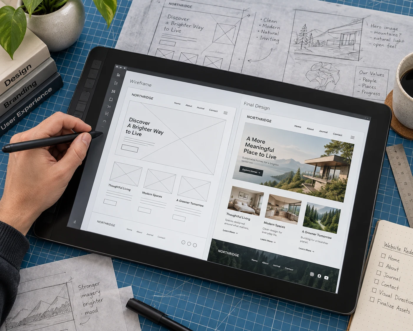 Close side-overhead photograph of a pen display tablet resting flat on a blue drafting mat