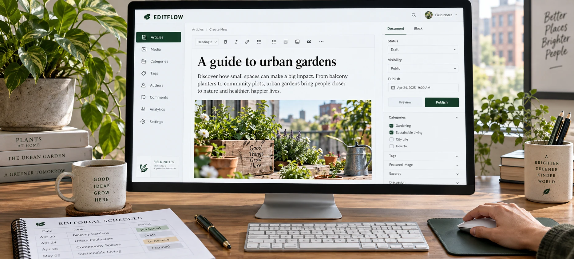 Panoramic close product-in-use photograph of a large desktop monitor on a working content editor's desk