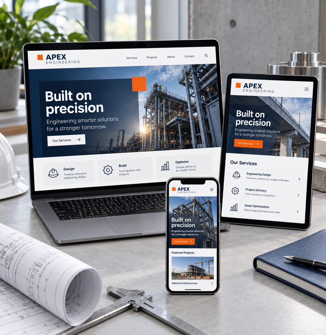 Premium near-square photograph inspired by reference two: a laptop, upright tablet and small phone arranged together on a real pale grey desk, screens facing the viewer with coherent responsive versions of a striking industrial consultancy website named APEX ENGINEERING