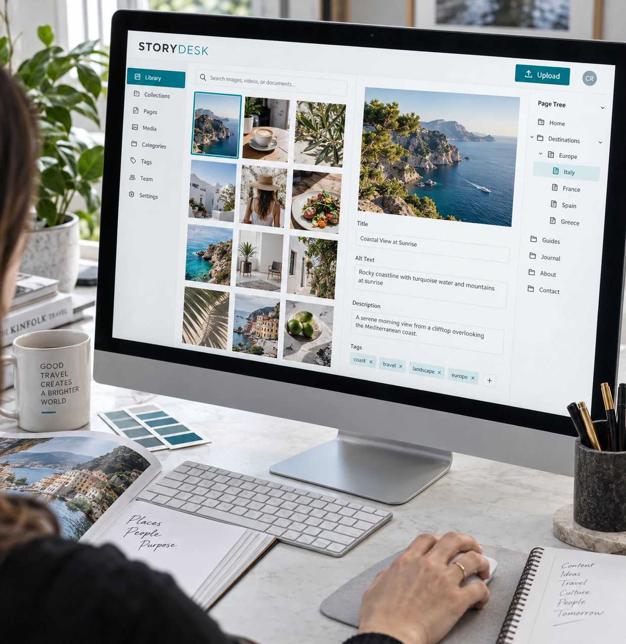 Near-square tight editorial photograph of a desktop monitor being used by a content manager, seen from slightly above the left shoulder