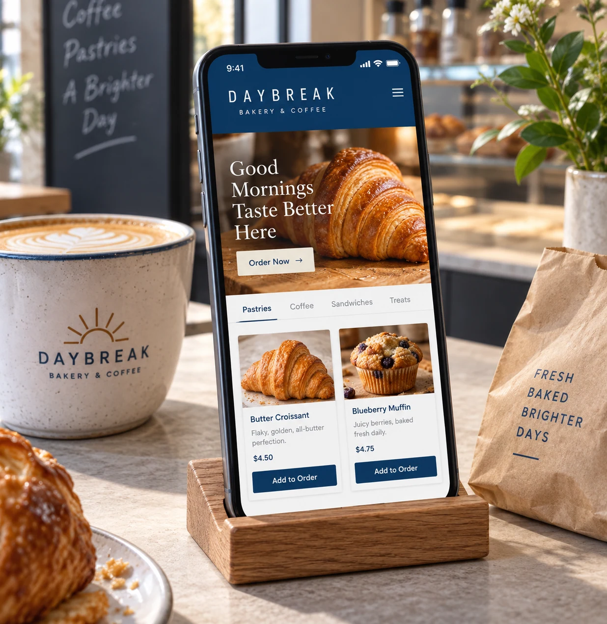 Near-square close photograph of a smartphone placed upright in a minimal tabletop cradle on a cafe counter, shown at a subtle left three-quarter angle