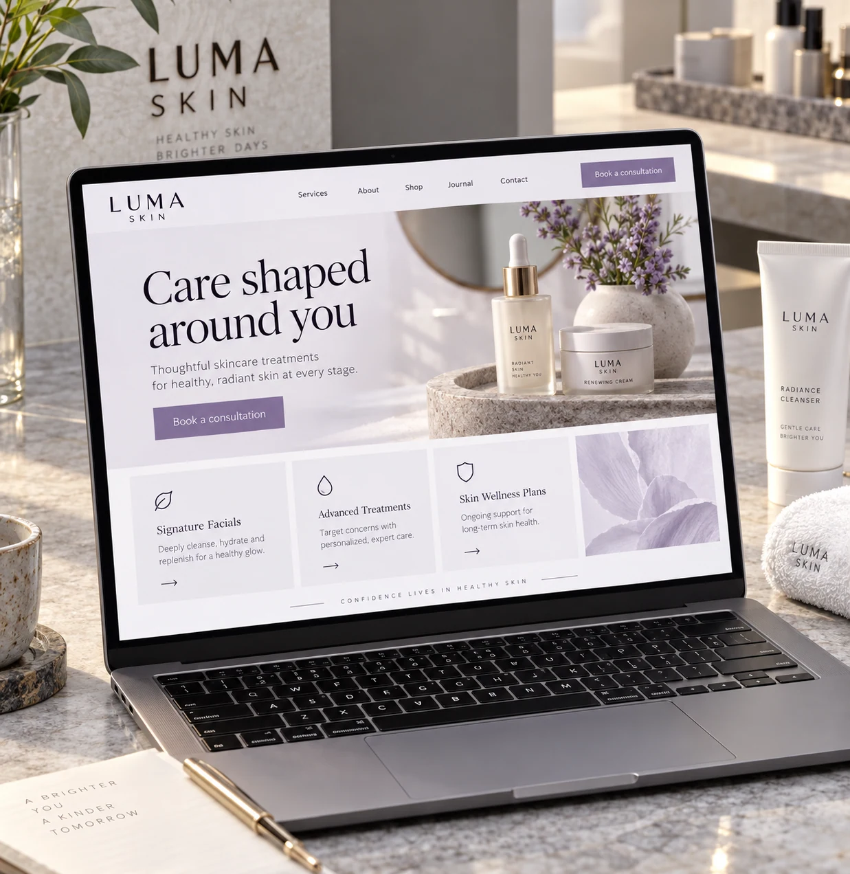 Near-square close photograph of a slim laptop opened on a stone counter in a modern skincare consultation studio