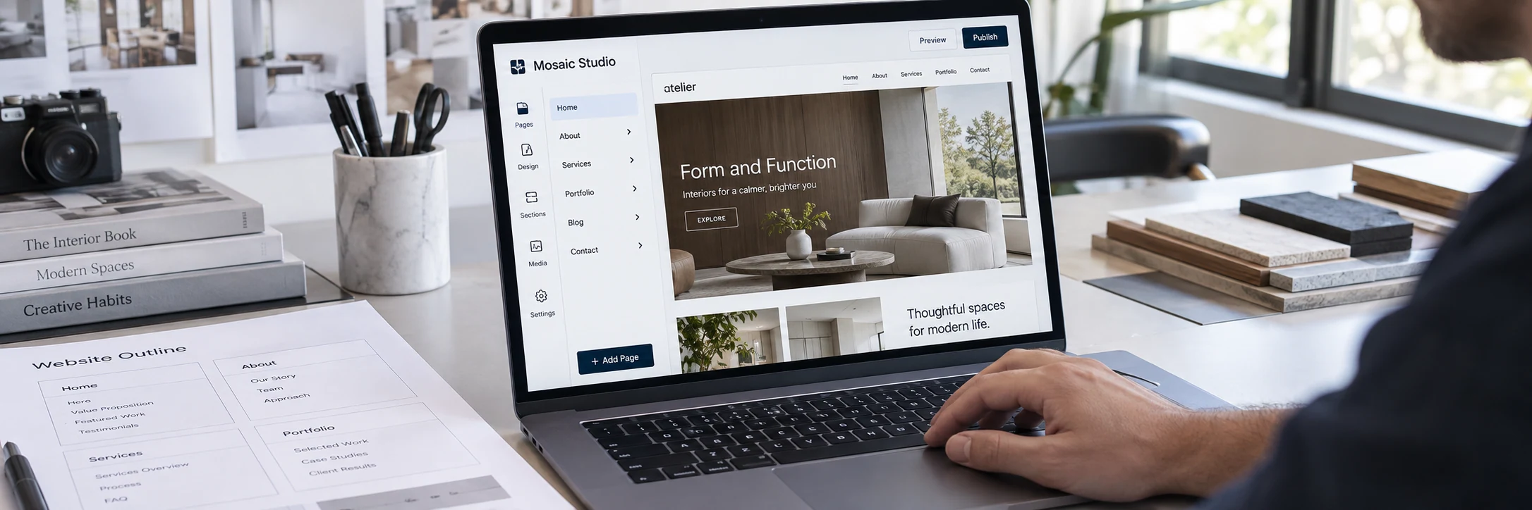 Wide detailed photograph of a laptop showing fictional 'Mosaic Studio' website builder with an attractive website preview, designer forearm using trackpad, a printed page outline along desk