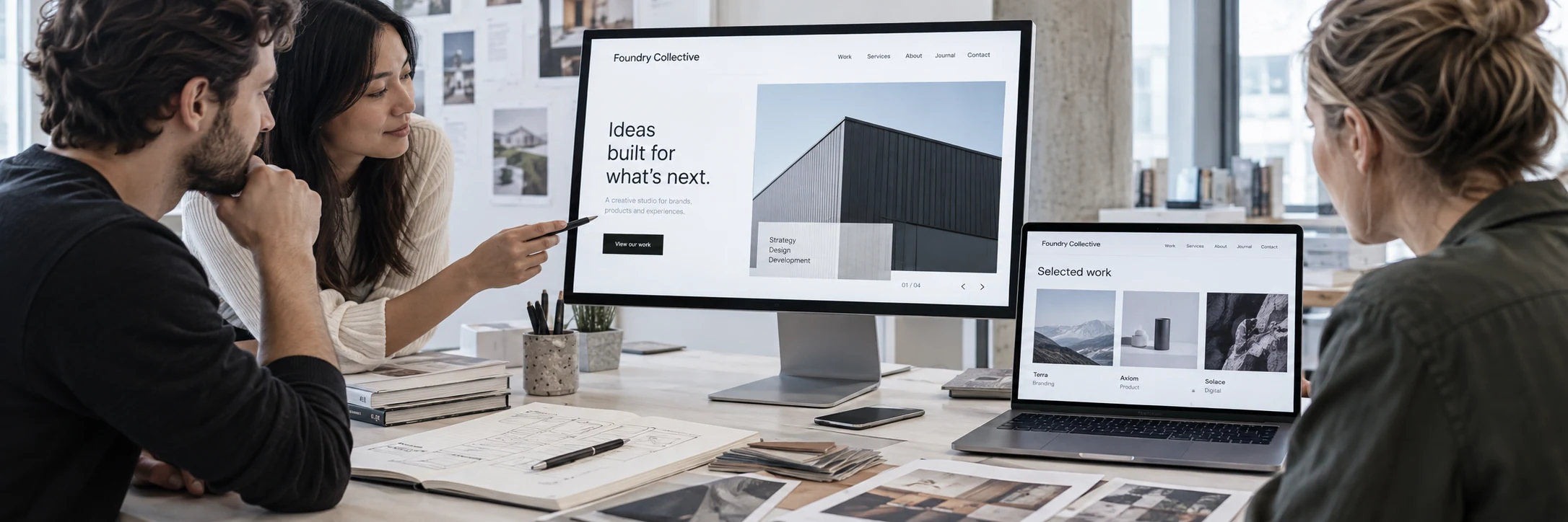 Wide scene of a small creative team beside a long desk planning a company website, central desktop and laptop show fictional 'Foundry Collective' site, authentic work materials at edges and space for the existing CTA overlay