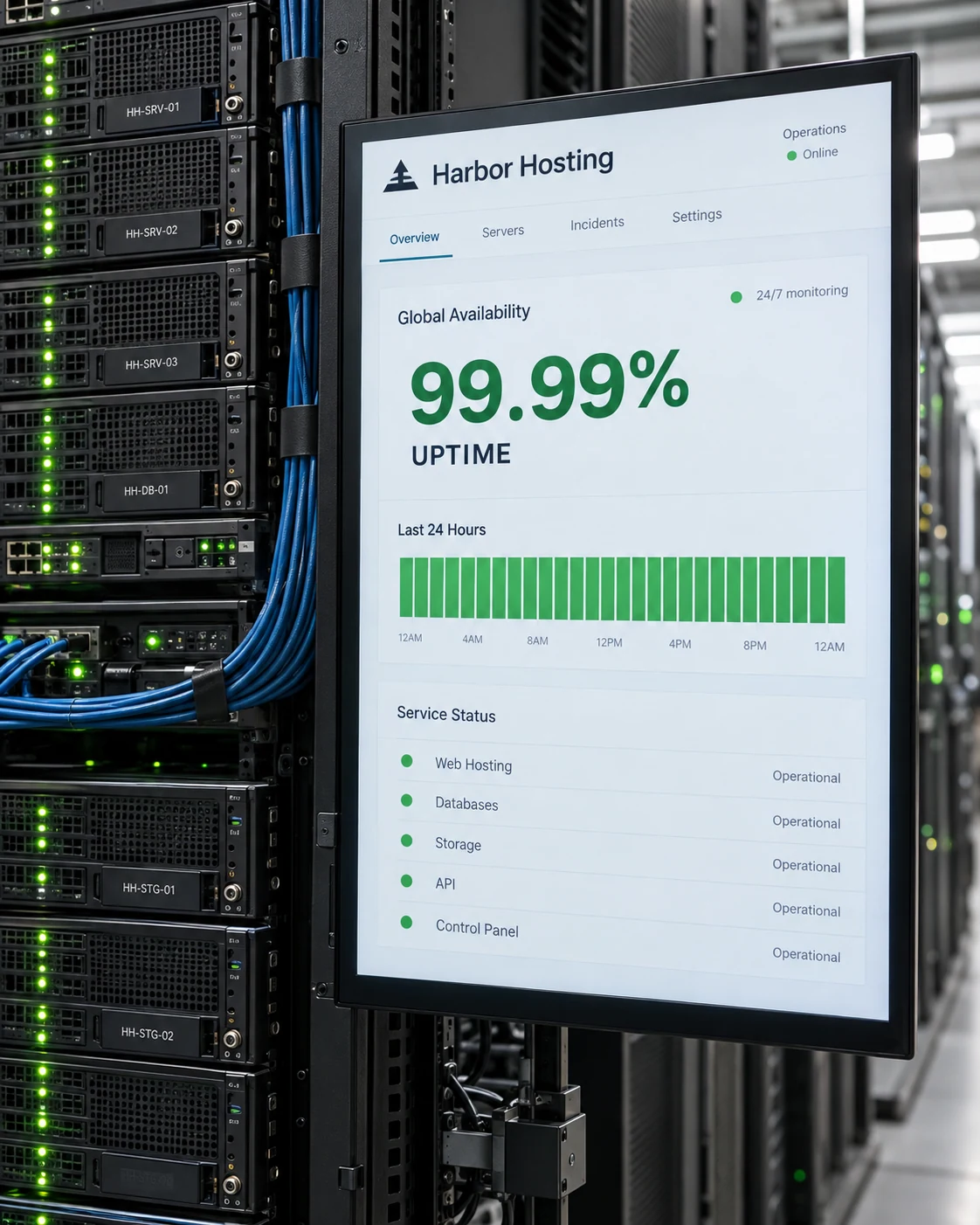 A close photoreal server cabinet with continuously glowing green status lights and a physical portrait operations monitor on its side