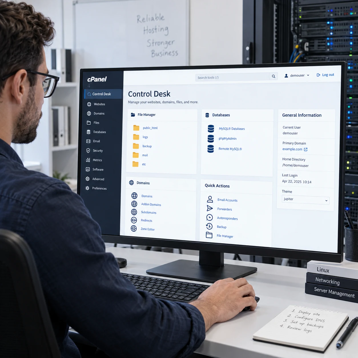 Desktop screen at small business office shows a realistic cPanel-like hosting control workspace titled 'Control Desk', clear file manager, databases and domains sections