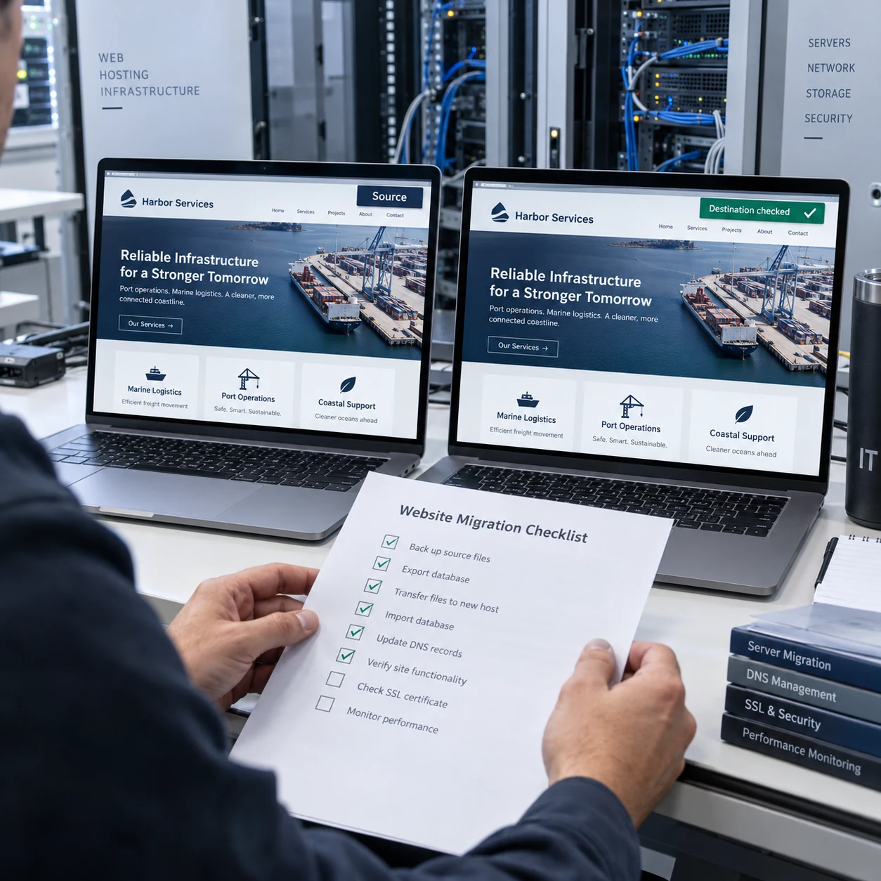 Two laptops at a technical desk show the same fictional 'Harbor Services' website before and after a hosting move, one screen says 'Source', other 'Destination checked'