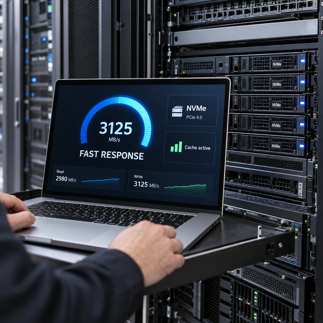 Close low-angle photograph of a powerful server with visible NVMe drives and a laptop on a rolling technician shelf