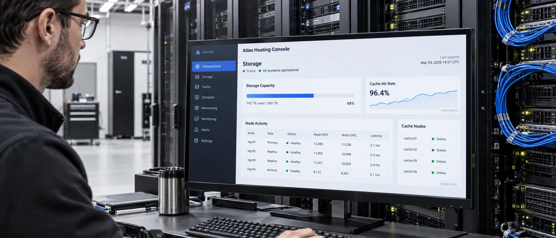 Wide photograph of a real server rack aisle with a large desktop monitor in foreground showing fictional 'Atlas Hosting Console' stable storage and cache activity