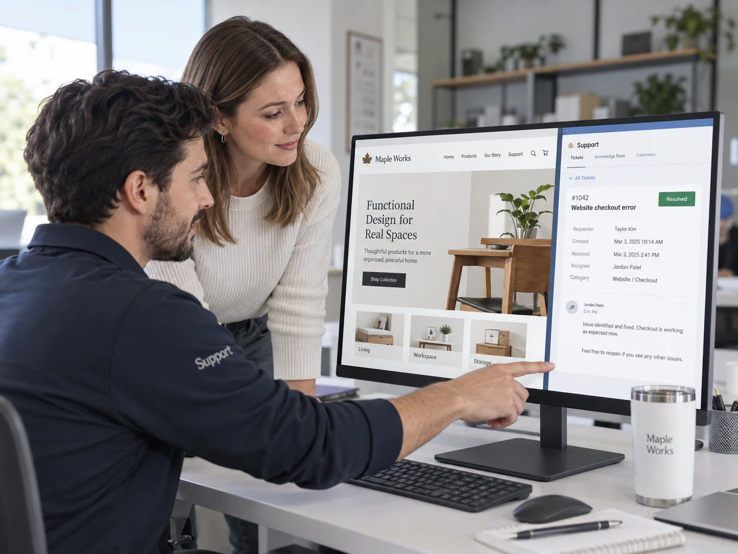 Support technician and business owner beside a desktop monitor review a working fictional 'Maple Works' website and a support ticket marked 'Resolved', natural attentive expressions, screen primary.