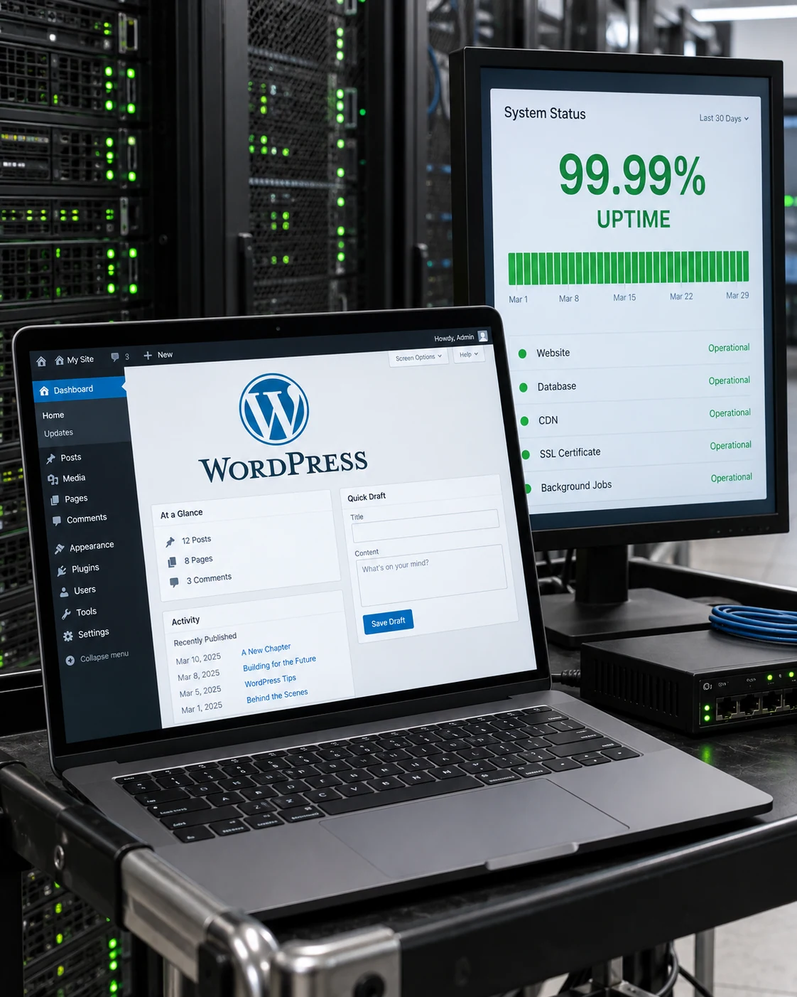 An actual WordPress operations laptop tilted on a server-room service cart with an upright secondary monitor