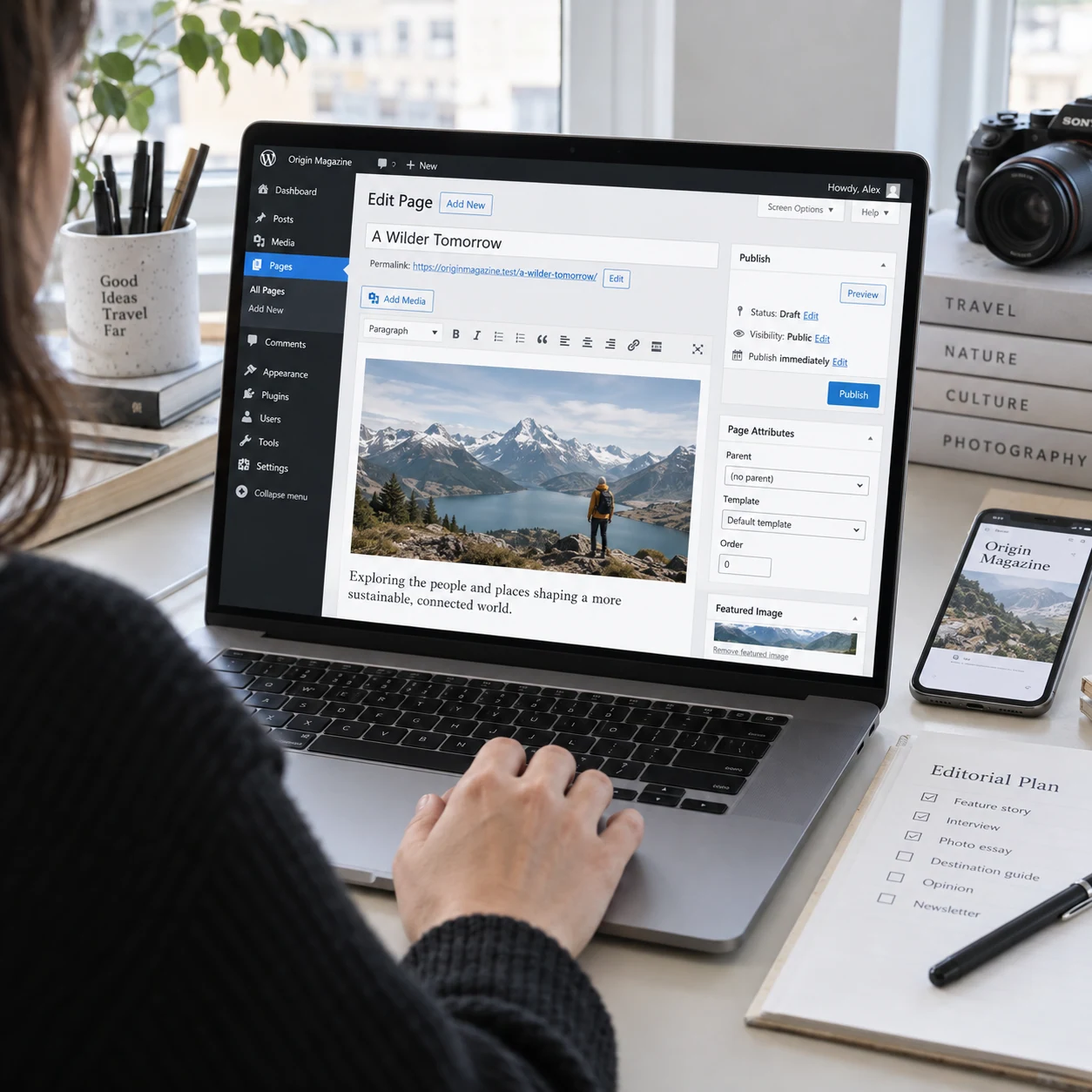Content editor at desk with laptop showing WordPress site manager for fictional 'Origin Magazine', recognizable Pages, Media and Plugins menu and a large article thumbnail