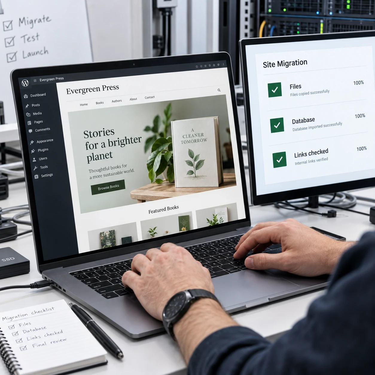 Two close angled screens on technician desk show a fictional 'Evergreen Press' WordPress website and a clear migration checklist 'Files', 'Database', 'Links checked'