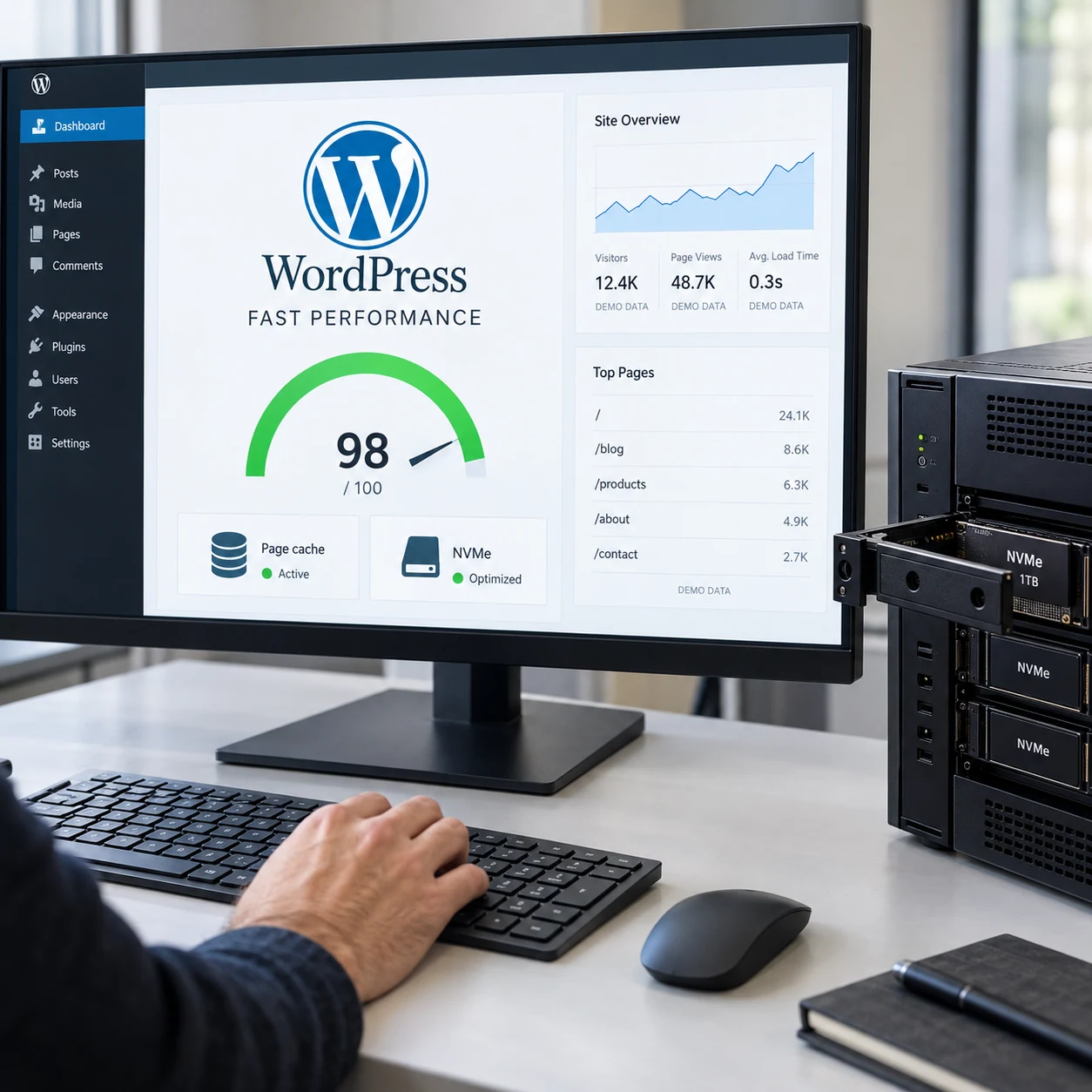 Close realistic desktop workstation monitoring a WordPress website next to compact powerful server hardware with visible SSD tray