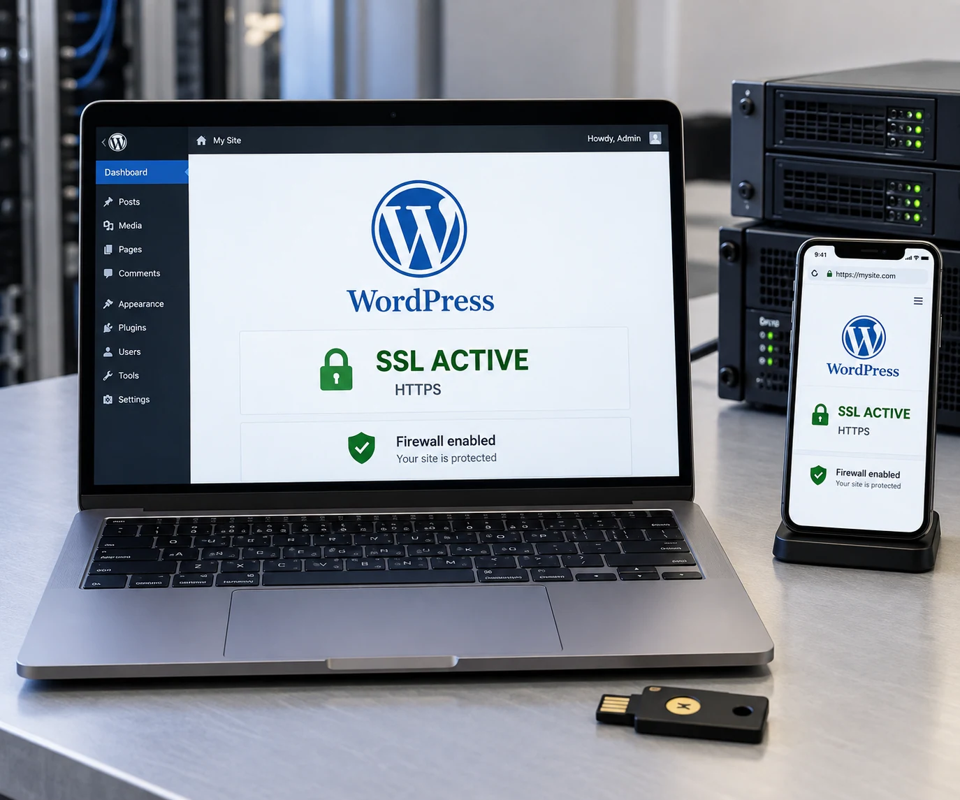 Close laptop and physical security key next to a small server stack, crisp laptop display shows official blue WordPress W-in-circle logo prominently with 'WordPress' and large 'SSL ACTIVE', lock icon and 'HTTPS'
