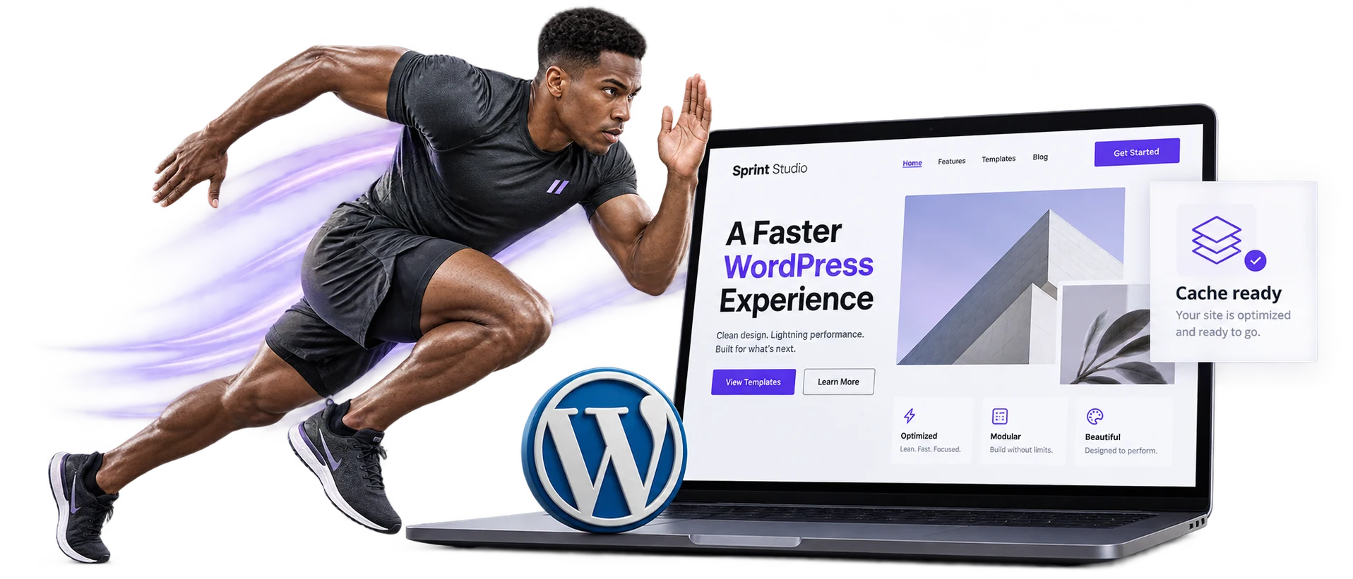 Premium photoreal mixed-media WordPress speed composition inspired by the supplied runner reference: athletic sprinter in charcoal sportswear powering forward alongside an open laptop displaying a crisp fictional 'Sprint Studio' WordPress website and a recognizable WordPress W emblem