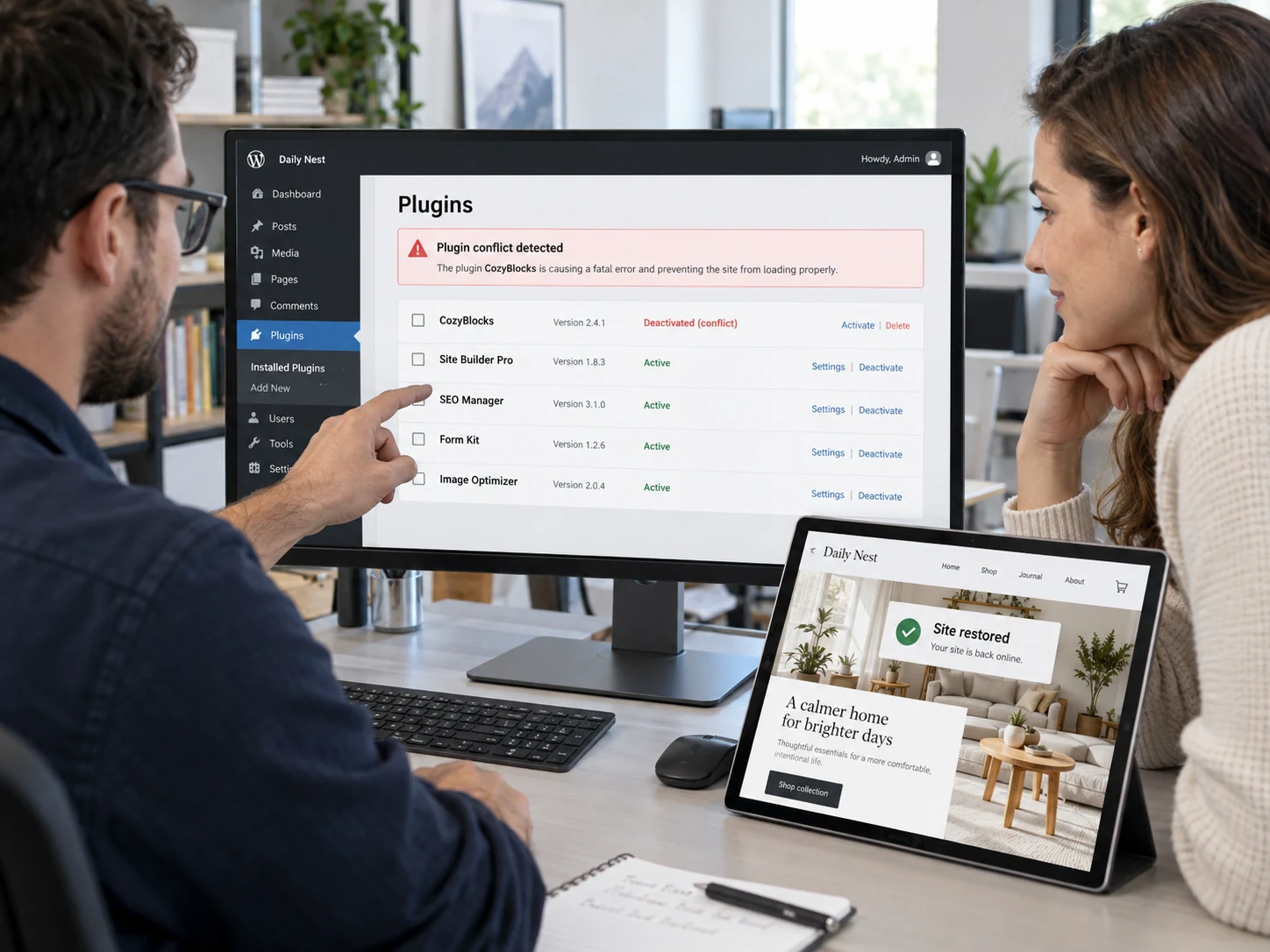 Technician reviewing WordPress plugin conflict on desktop while client watches beside monitor, a second tablet shows restored fictional 'Daily Nest' homepage, clear 'Site restored'